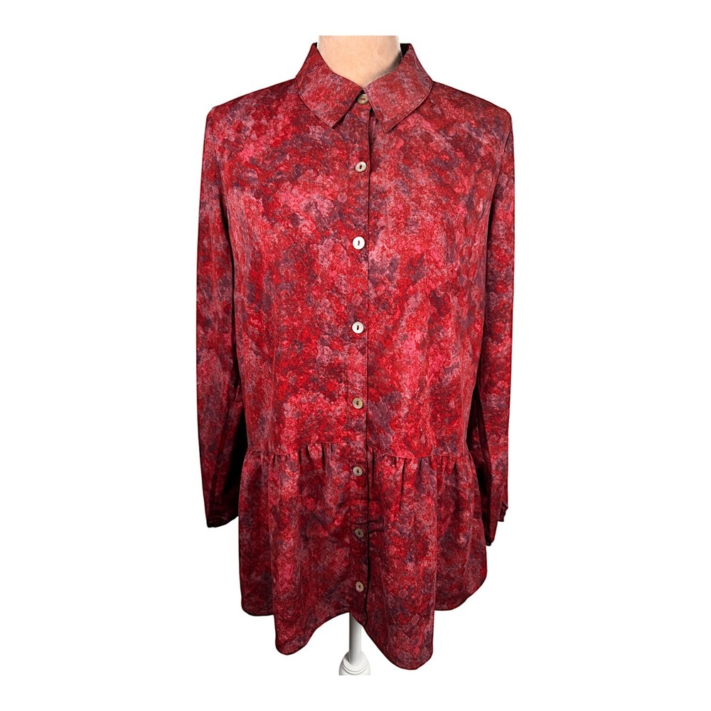 LOGO Lori Goldstein Womens Tunic Top‎ Sz Small Red Mottled Buttons Office Career